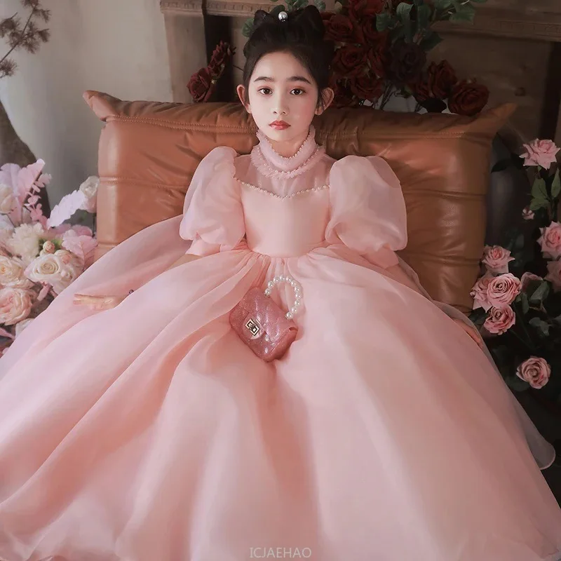

Party Dress Pink Girls Tutu Gown Costume Children Birthday Party Sweet Kids Outfit Clothes Princess Stage Dresses Puff Sleeve