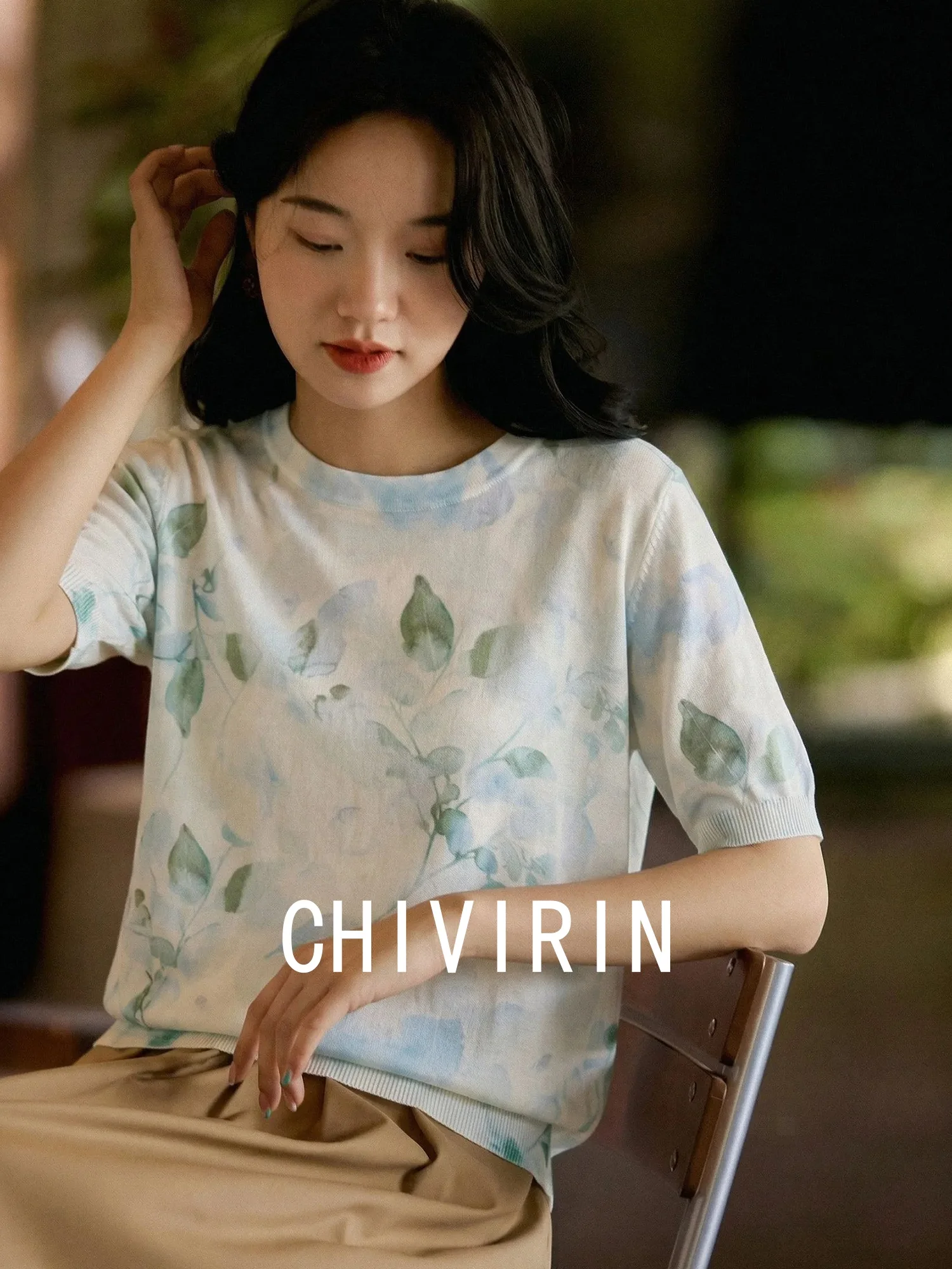 

Chivirin Women's Slim Fit Knitted T-Shirt round Neck Short Sleeve Printed Casual Top Fashionable Versatile Summer Style
