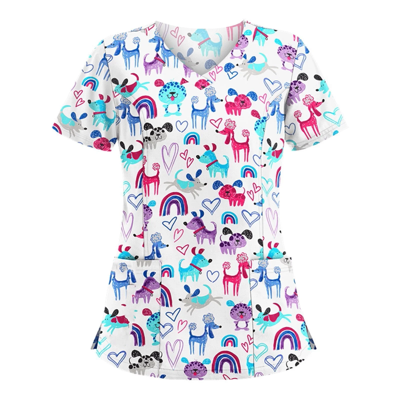 

Women Working Uniform Animal Print Cartoon Cat Dog Short Sleeve V-neck Tops Femme Blouse Nurse work wear Medical Uniforms Nurse