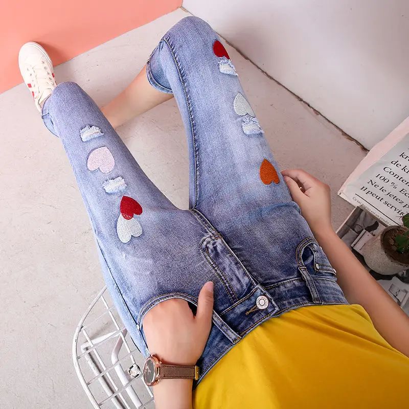 2024 Summer Embroidery Denim Capris Pants Women High Waist Skinny Jeans Woman Tight Elasticity Stretch Pencil Calf-Length Pants