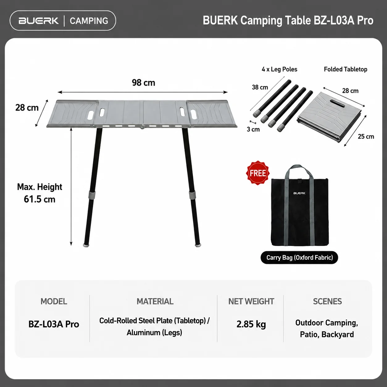 Klappbarer Campingtisch, leichter Outdoor-Tisch mit 4-stufig verstellbaren Beinen, multifunktionaler Kochtisch, Windschutz & Tasche – Detail 16