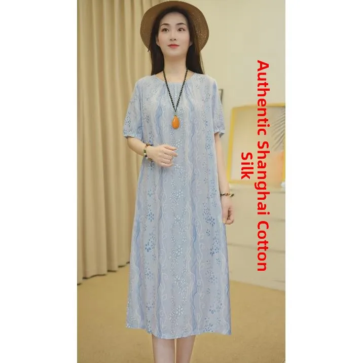 ゆったりとした長袖コットンシルクドレス中年女性のための夏のホーム服ママの服パジャマ快適な通気性のあるガウン