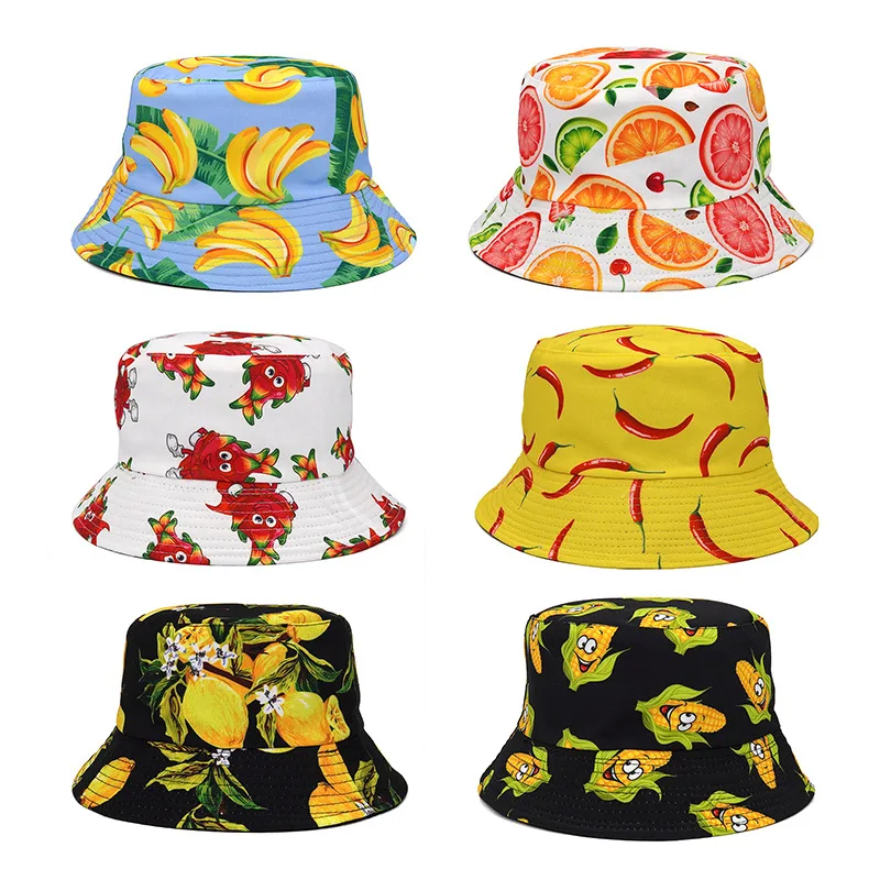 Spring/Summer Women’s Sunscreen Hat Man Leisure Fisherman Hat Unisex Panama Fruit Print Caps Female’s Bucket Hats