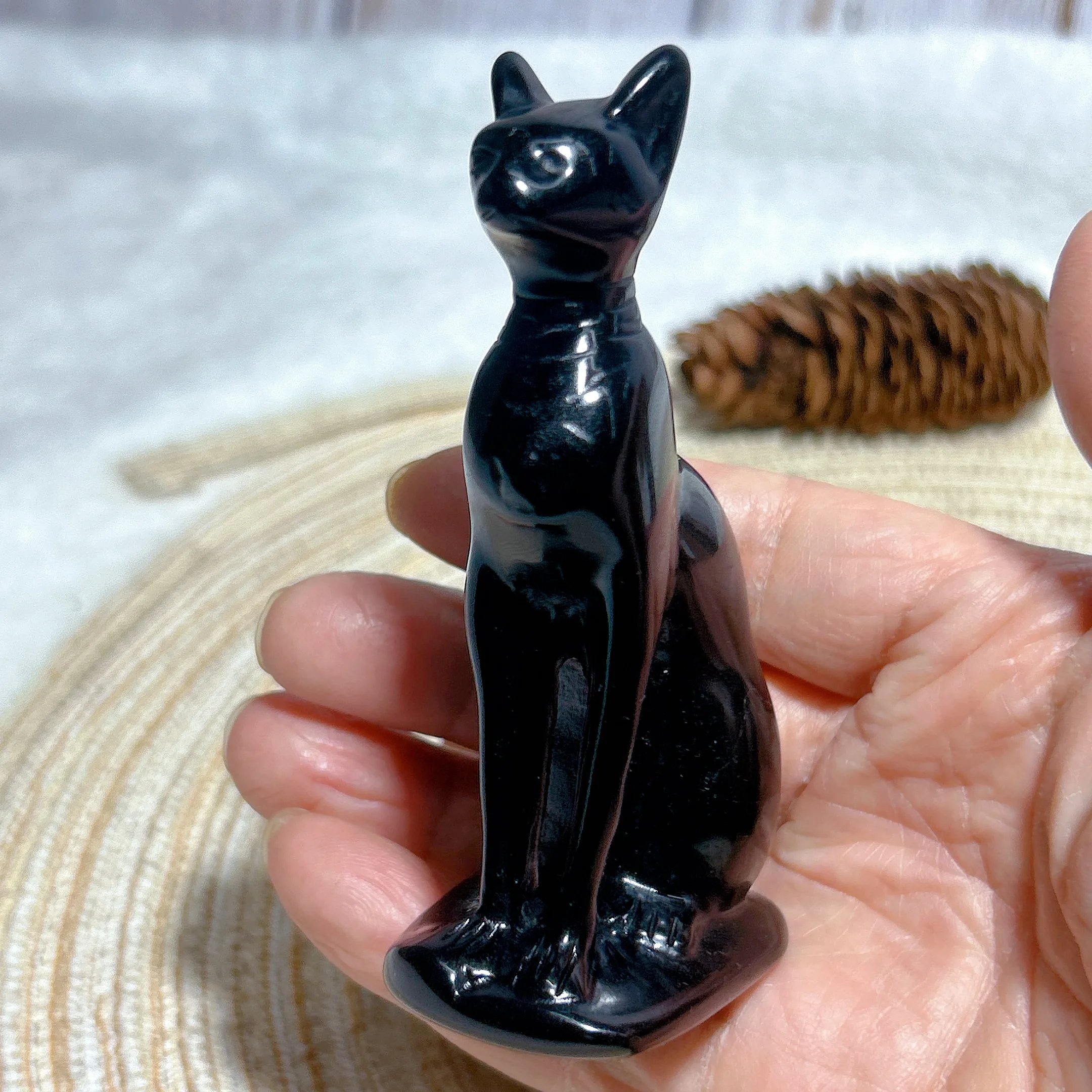 Healing High Quality Natural Crystals Middle-size Black Obsidian Egyptian Cat Carved Mineral Home Decorations Room Decor Gift