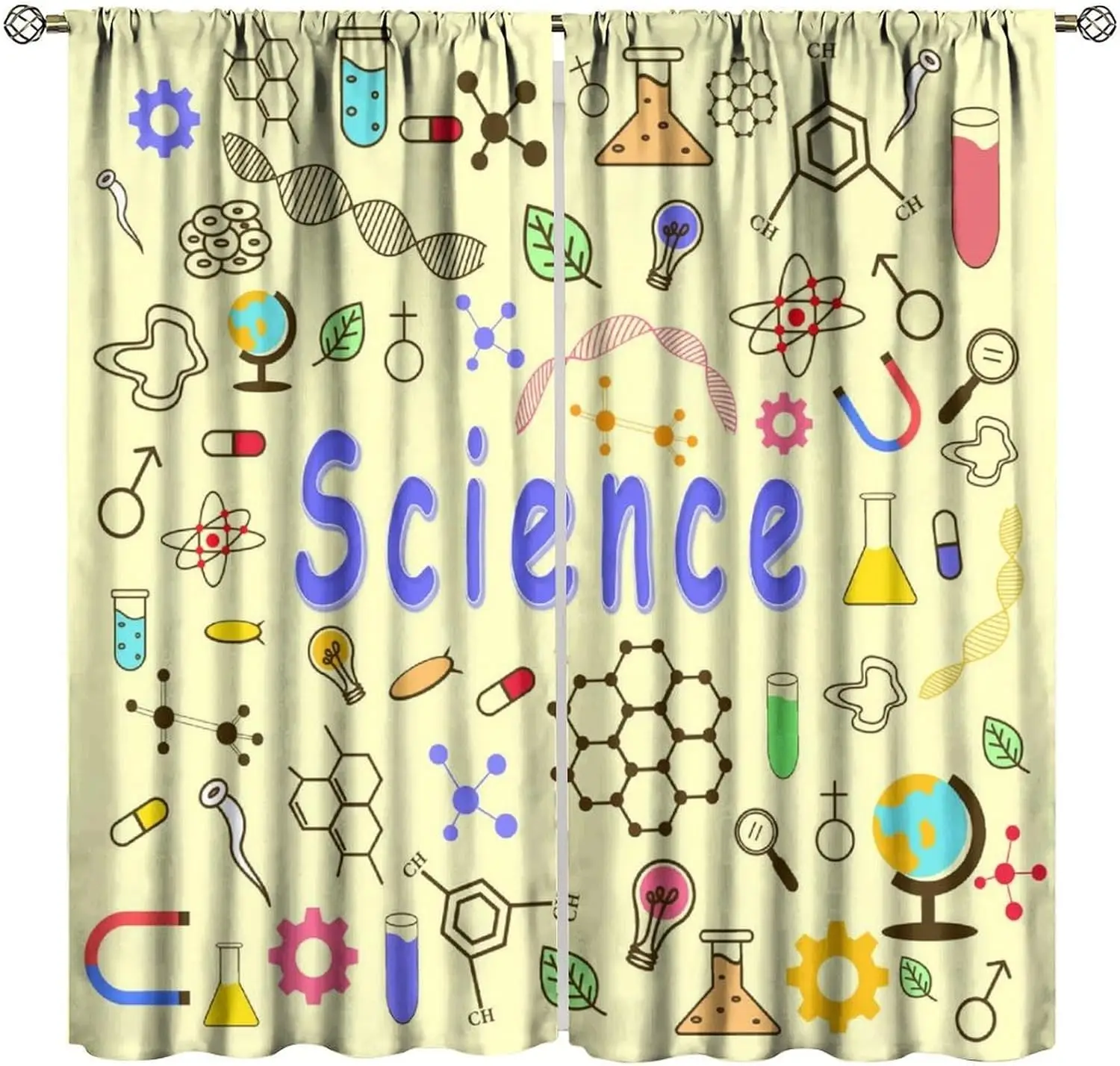 Decorative Science Chemistry Curtain 2pcs Molecular Biology Pattern Window Drapes STEM Educational Classroom Room Decor Gift