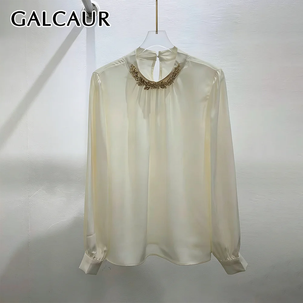 

Женская блузка GALCAUR: модная, свободная, с прозрачными вставками, круглым вырезом, длинными рукавами, пэчворк, на пуговицах, элегантный стиль