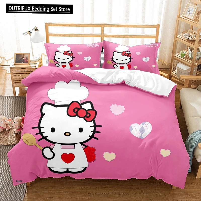 

Sanrio Cartoon Hello Kitty Bedroom Three Piece Set For Girls Princesses Bedding Decoration Pillowcases Duvet Covers