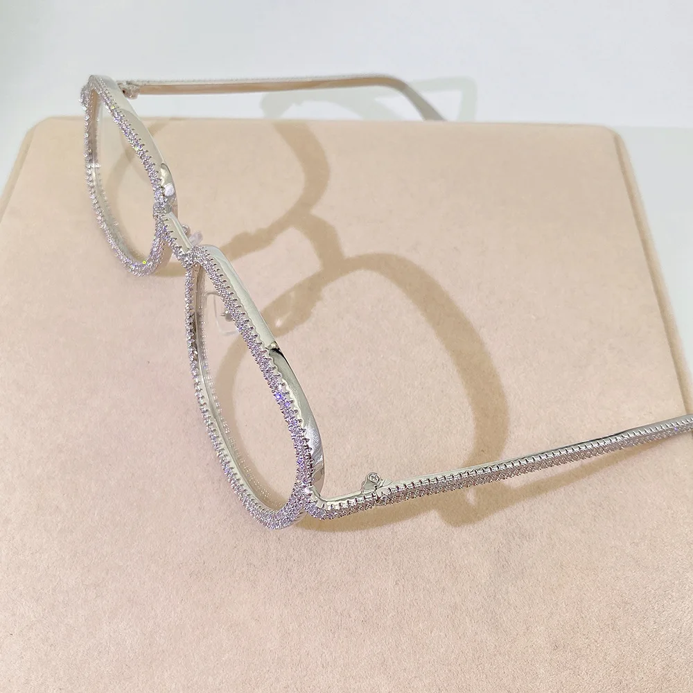 Personality Harf-Round Lens 5A Zircon Sunglasses Women Men Iced Double Rows Cubic Zirconia Eyeglass Copper Custom Jewelry Gift