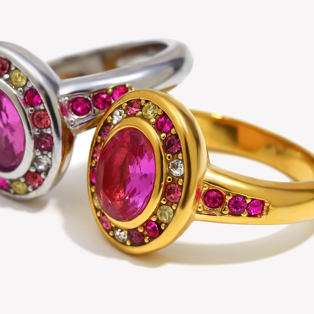 E.B.belle Stainless Steel Round Colored Zircon Ring With Pink Rhinestine Tarnish Free 18K Gold Plated Sweet Statement Jewelry