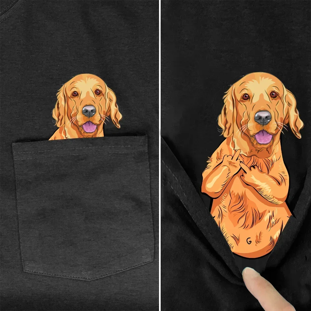 CLOOCL Animals Cotton T-shirts Fashion Pets Dogs Golden Retriever Middle Finger Pocket Casual Tees Tops Men Women Clothing