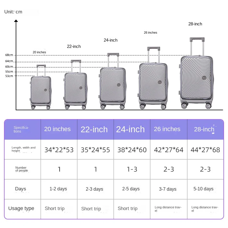 Silver front open zipper luggage Customs combination lock trolley case Leisure travel high appearance horizontal trolley case