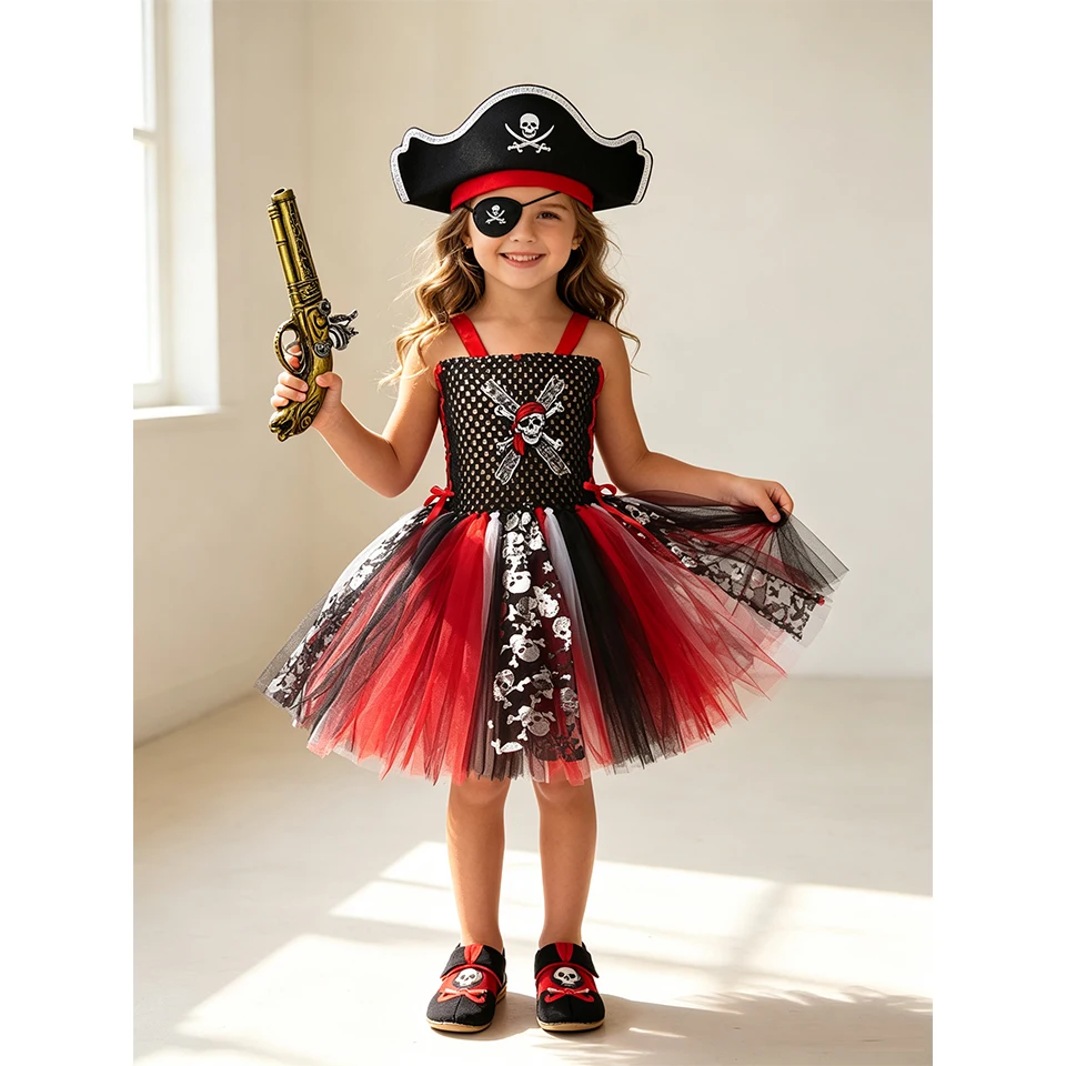 Fantasia Girl Skull Pirate Captain Fluffy Tutu Dress Halloween Cosplay Masquerade Children's Costume Carnival Party Kids Clothes