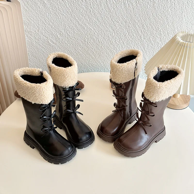 

2024 Winter New Children Cotton High Boots for Girls Fashion British Style Sweet Bowtie Anti-slippery Catwalk Chic Leather Shoes