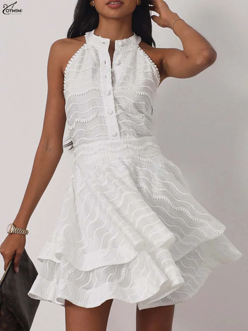 

Oymimi Elegant White Cotton Womens Dresses Fashion O-Neck Sleeveless Lace Button Dresses Autumn High Waist Pleated Mini Dress