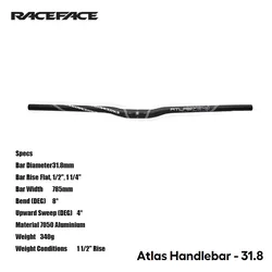 RACEFACE Atlas Handlebar - 31.8 31.8mm Bar Diameter Flat, 1/2