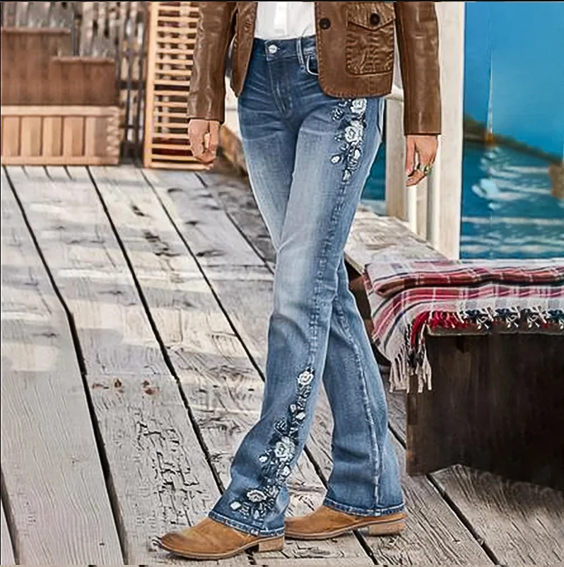 

Autumn Winter New Women's Thickened Jeans High Waist Pants Embroidered Flared Slim Fit Long Pants Jeans