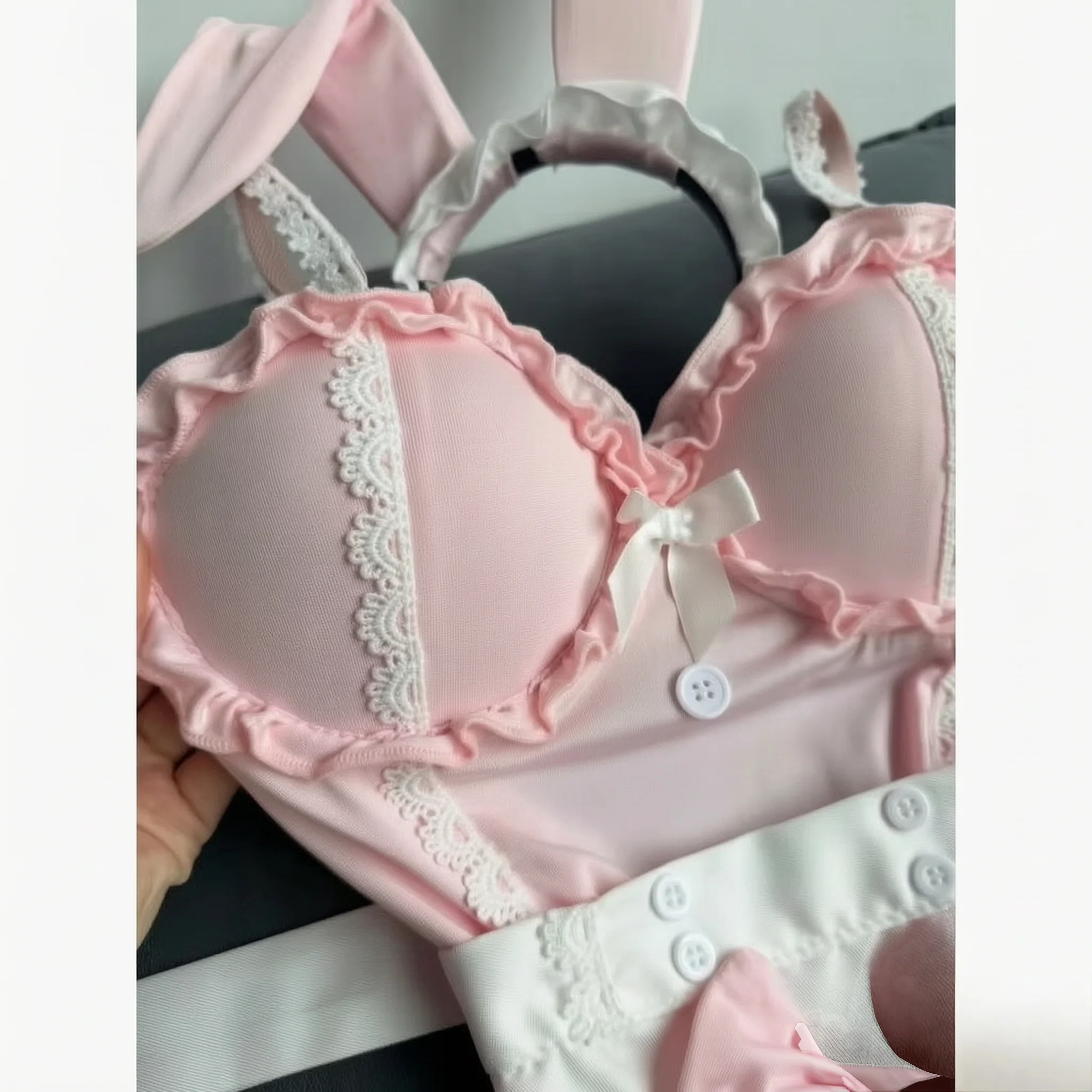 Milk Fragrant Rabbit Pure Desire Sweet Girl - Sexy and Cute Pink with Chest Cushion Gathering Pure Desire Strap Sleeping Skirt