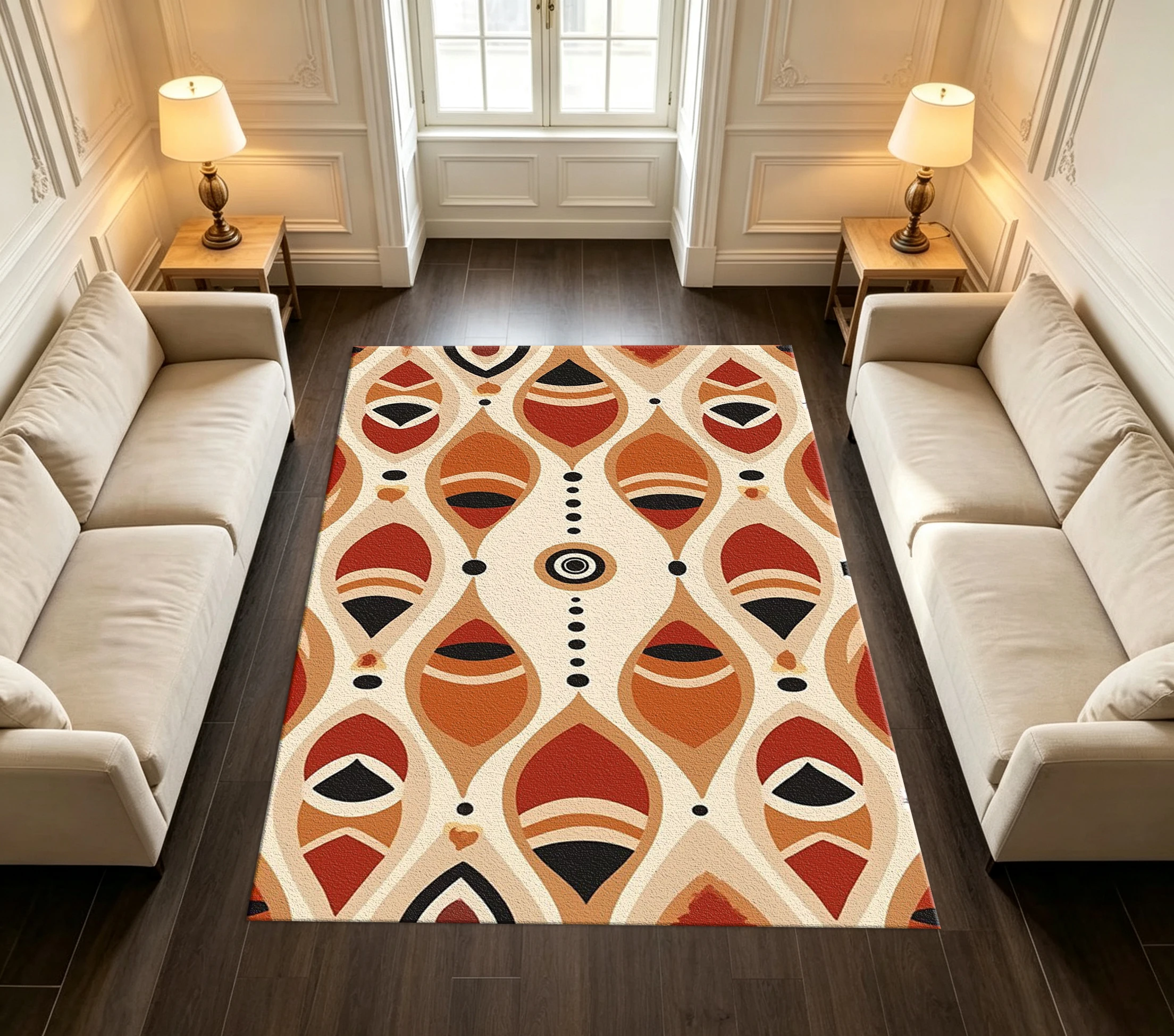 Boho Retro Terracotta Geometric Eye Pattern Area Rug Mid Century Modern Home Decor Carpet
