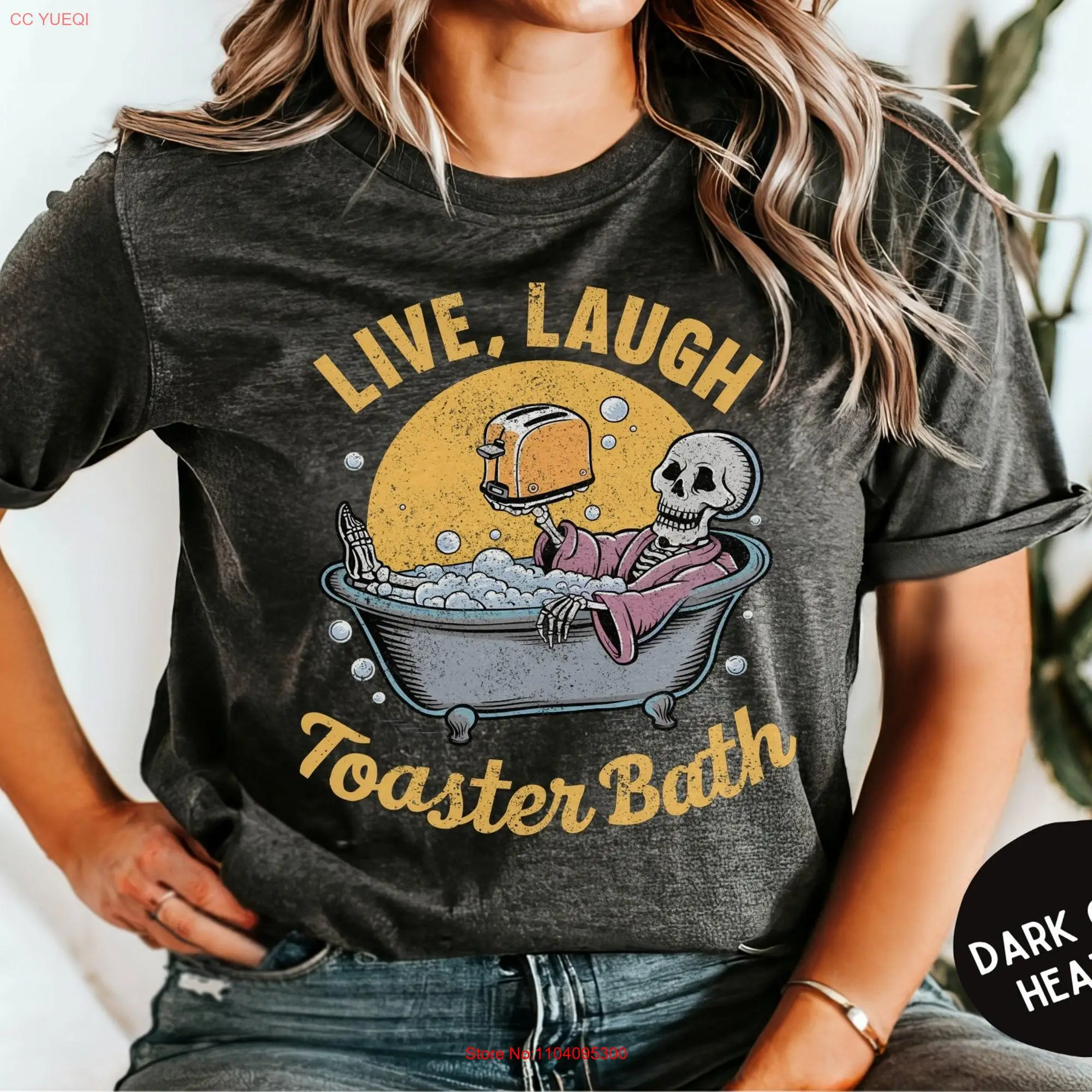 Camiseta divertida de esqueleto para mujer, camisa de manga larga o corta con diseño divertido de Live, Laugh, tostadora, baño, humorístico, Halloween único, Retro