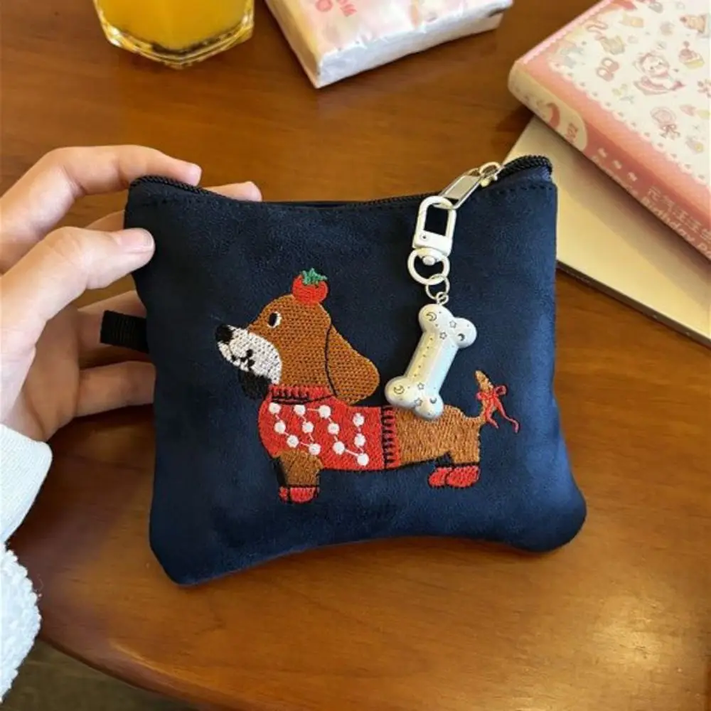 Coin Purse Mini Storage Bag Embroidery Sausage dog Canvas Waterproof Lightweight Earphone Key Portable Zipper Purse Carry on bag