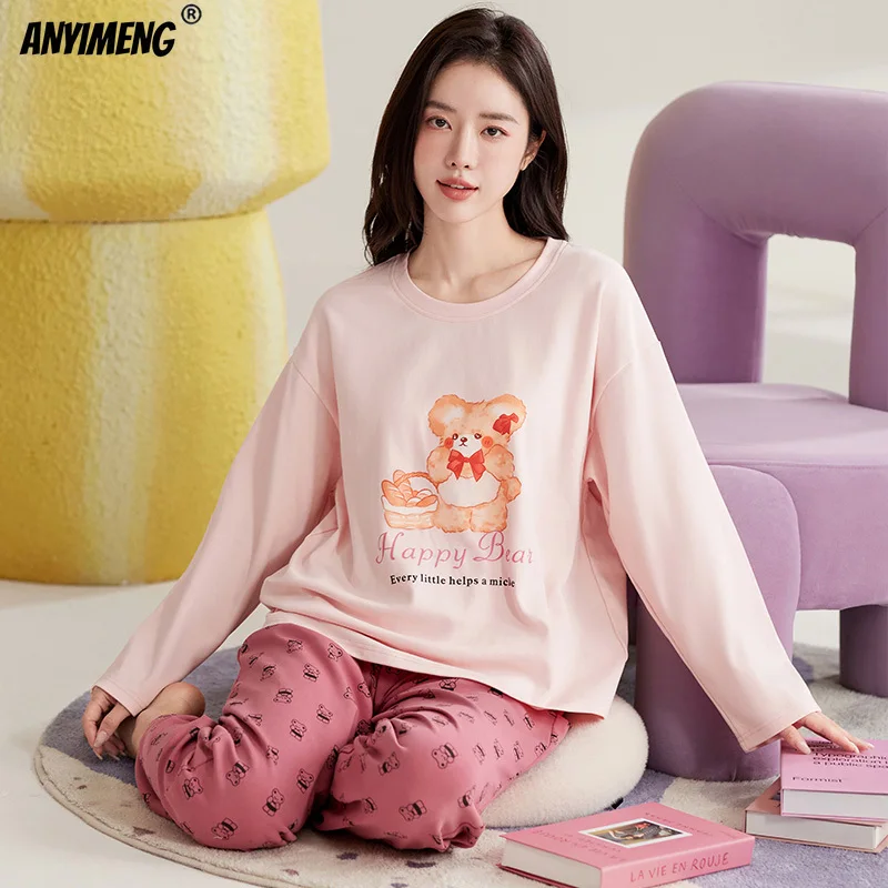 Cute Cartoon Loungewear Women Autumn Spring Woman Pajamas Set Pullover Long Sleeves Girl Nightwear Lady Homesuit Mujer Sleepwear