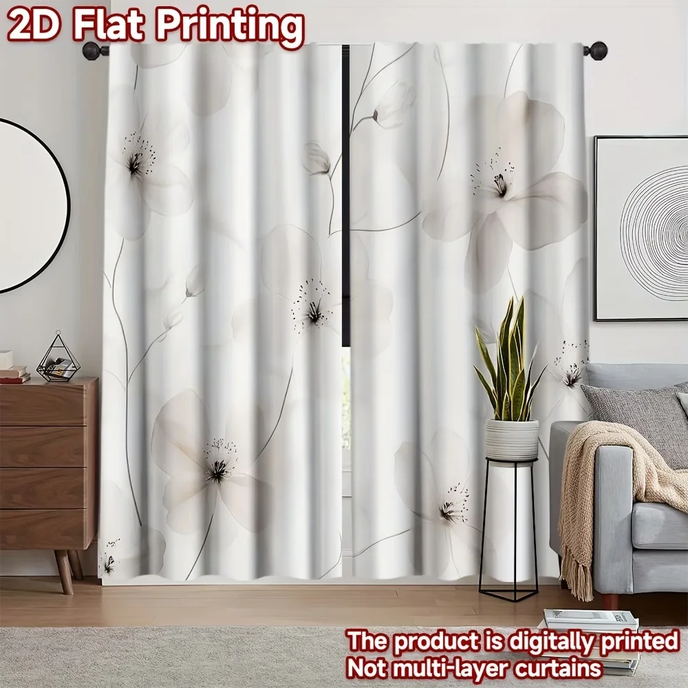 2PCS Digital Printed Curtains, Light White Floral Pattern Subtle Delicate, Window Drapes for Living Room Bedroom Home Decoration
