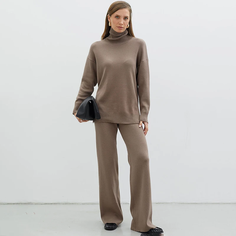 

Tornova Turtlenck Sweater Suit Women's Solid Casual Knitted Top High Waist Wide-leg Pants Autumn Winter Warm 2025 Fashion Set