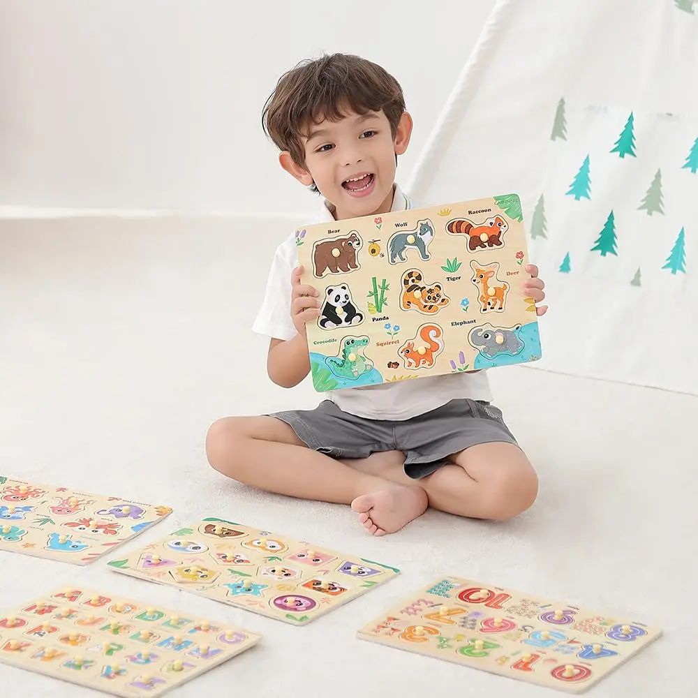Mainan bayi puzzle pasak kayu Montessori mainan papan pegangan tangan mainan kayu puzzle Tangram Jigsaw kartun hewan buah 3D Mainan Edukatif