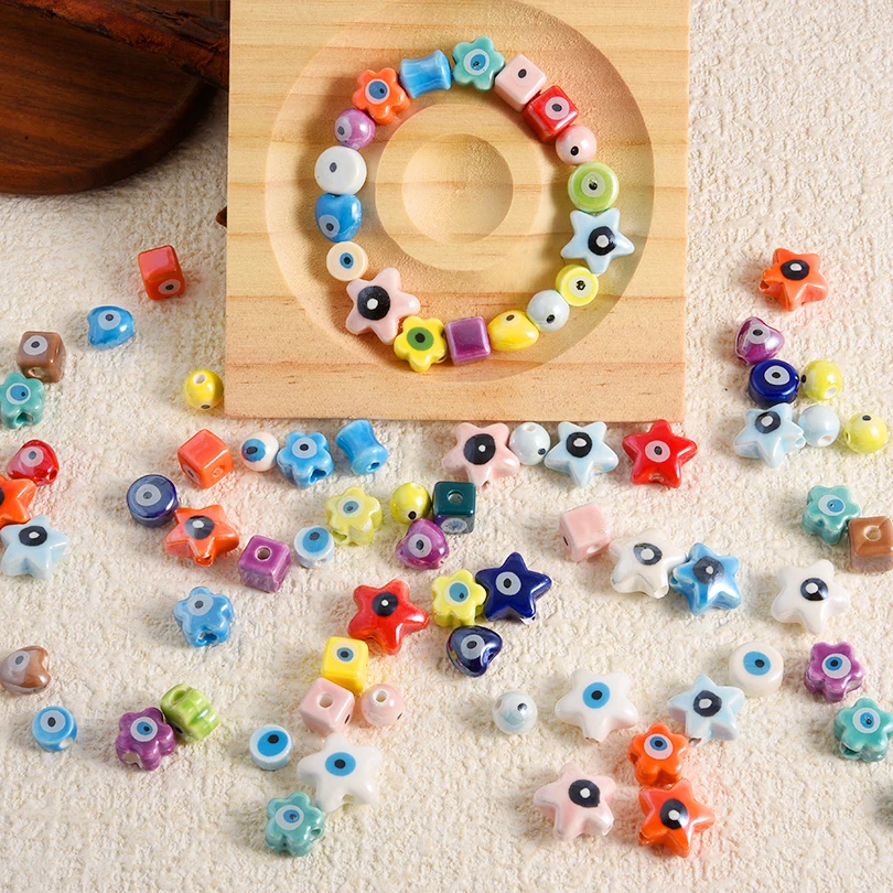 

10/20/30pcs/Lot Colorful Heart-Shaped Pentagram Flower Circular Square Charm Ceramic Spacer Beads Diy Jewelry Making Crafts Bulk