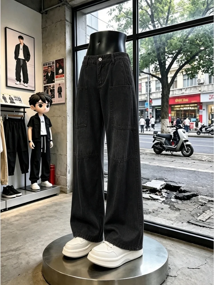 Cleanfit Black Pure Cotton Workwear Jeans Men's American High Street Functional Straight Leg Knife Cut Log Cutting Pants