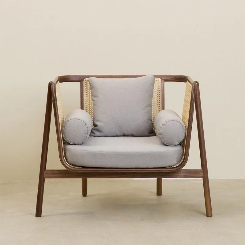 Wabi-sabi rattan sofa combination, Nordic home living room, solid wood backrest leisure recliner