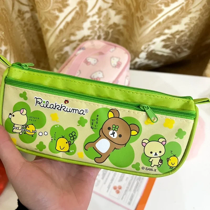 Kawaii Rilakkuma Clover Canvas Print Pen Case High Capacity Cosmetic Storage Bag Cartoon Anime Periphery Girl'S Stationery Gift