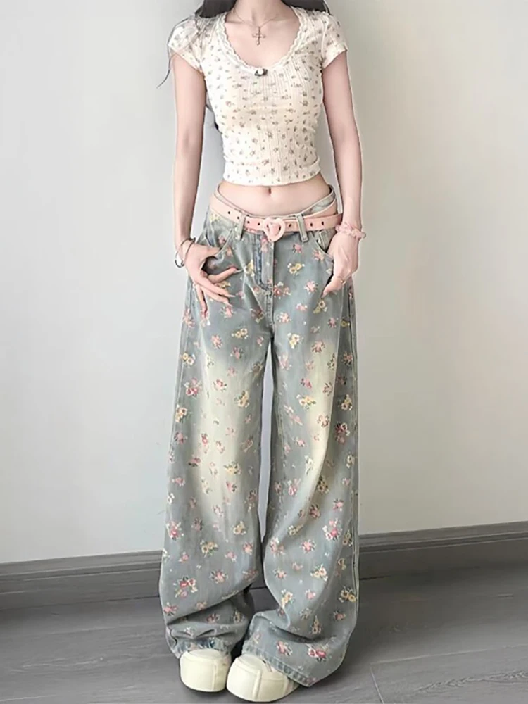 American Retro Printed Jeans For Women Fashion High Waist Buckle Straight Leg Pants Elegant Patchwork Loose Denim Floor Trousers