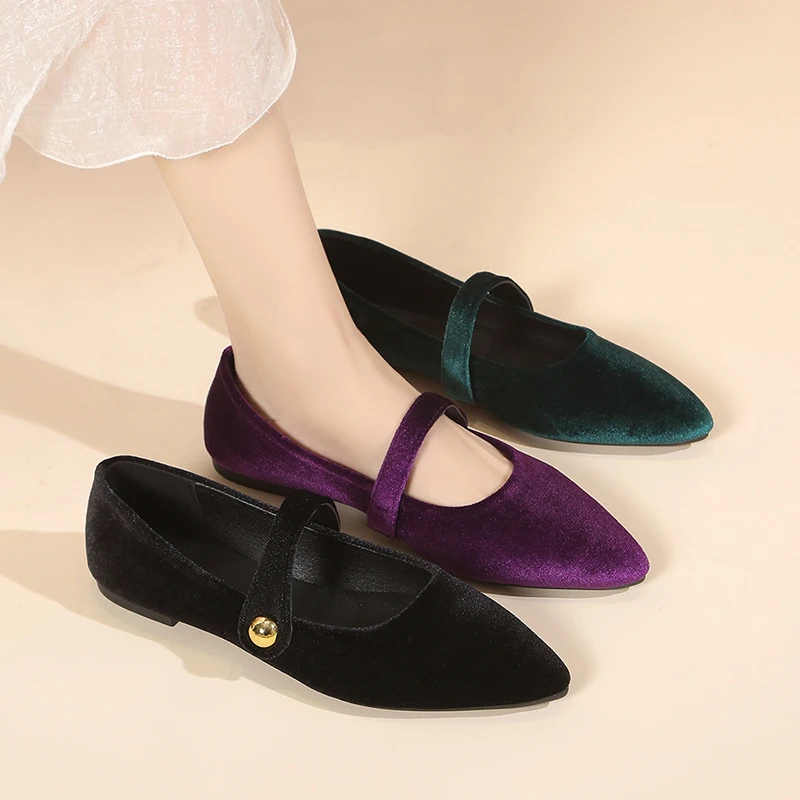 Elegant Velvet Ballet Flats Woman Luxury Velour Mary Jane Shoes Ladies Pointed Toe Buckle Strap Loafers In Purple Green