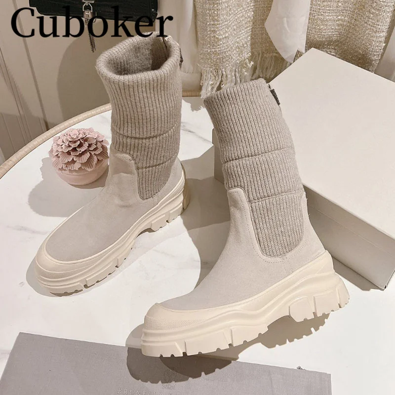 Autumn Winter Elastic Boots Knitting folding Mid Length Boots Round Toe Thick High Boots Women Long Boots Celebrity Brand boots