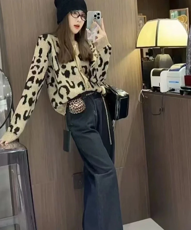 V-ausschnitt Strickjacke Jacken Leopard Print Alle Spiel Sueter Mujer Koreanische Pull Femme Mode Gestrickte Lose Pullover