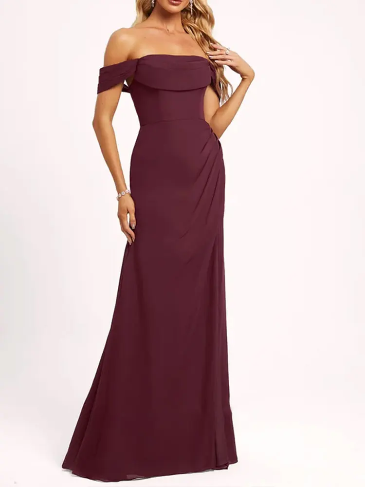 Floor-Length Chiffon Bridesmaid Dress Off the Shoulder Evening Party Dress High Slit  Mermaid/Trumpet Elegant Prom Dress