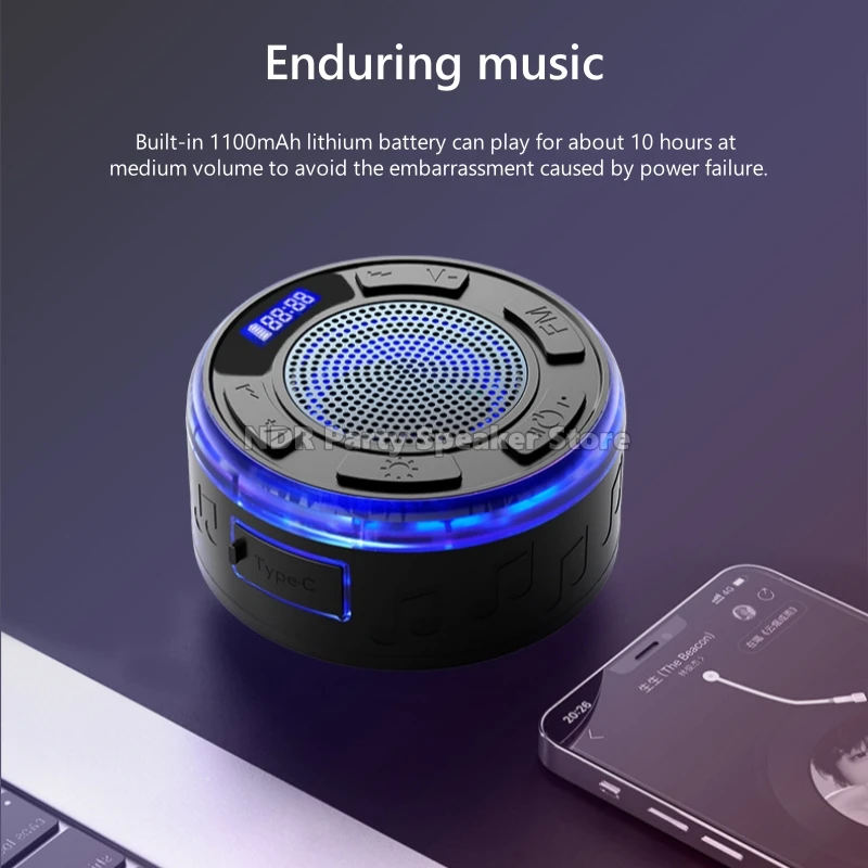 Adsorpcyjne mocowanie Bezprzewodowe przenośne wodoodporne głośniki prysznicowe Bluetooth z kolorowymi światłami RGB Zewnętrzny mini subwoofer