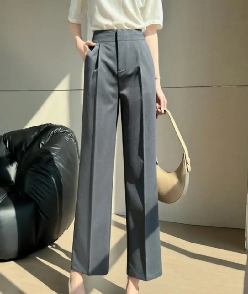 

Office Ladies Pants 2024 Spring Elegant Casual Trousers Female High Waist Pants Fashion Wide Leg Women's Pants Vintage W980b