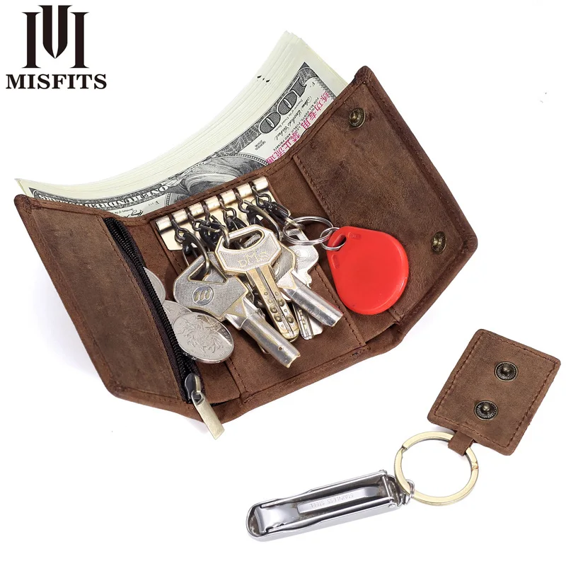 Real leather key bag Multi-function triple fold change purse head layer cowhine car key bag for men and women