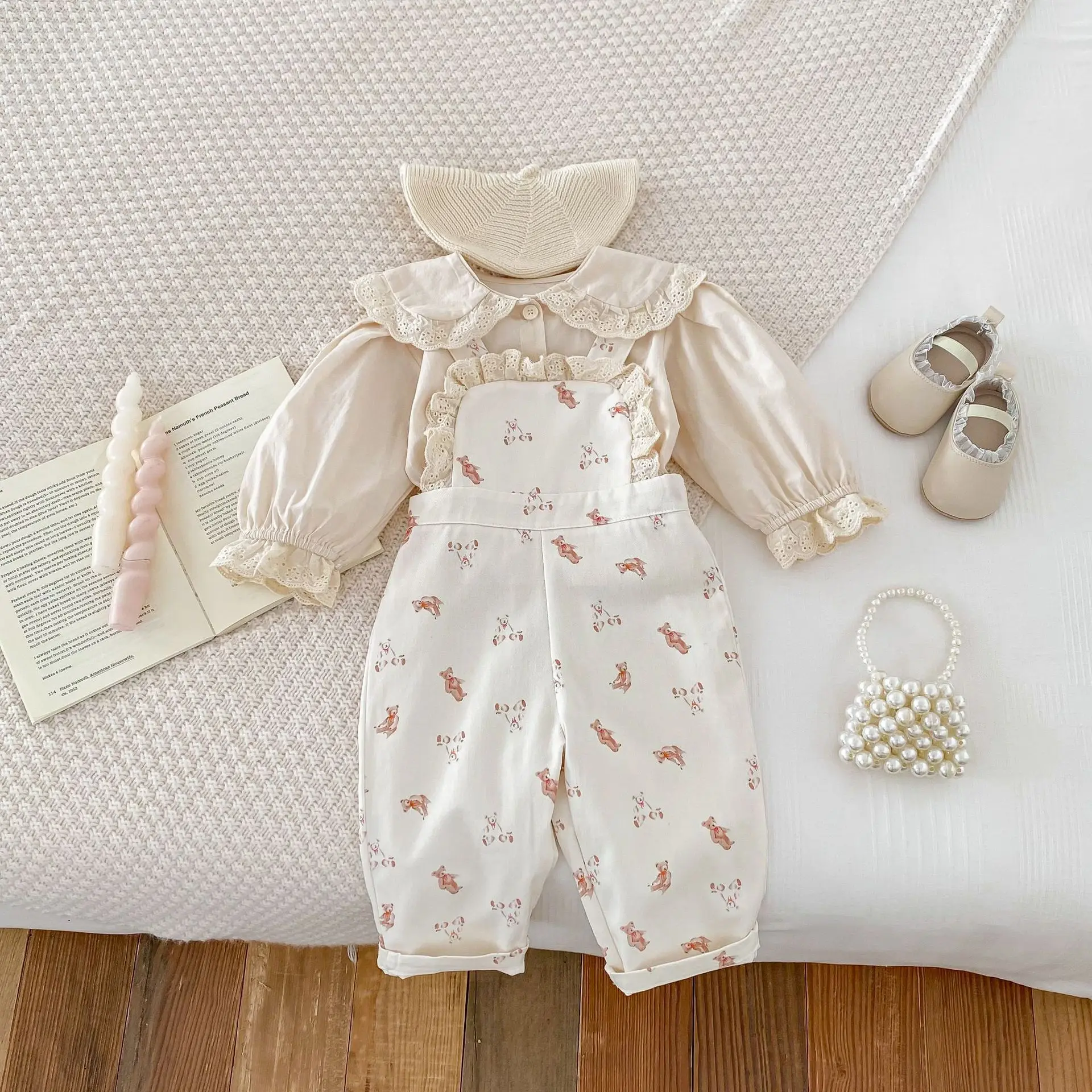 Spring Ins Baby Girl 2PCS Clothes Set Cotton Solid Long Sleeve Shirts Cute Bear Printed Suspender Pants Suit Toddler Girl Outfit