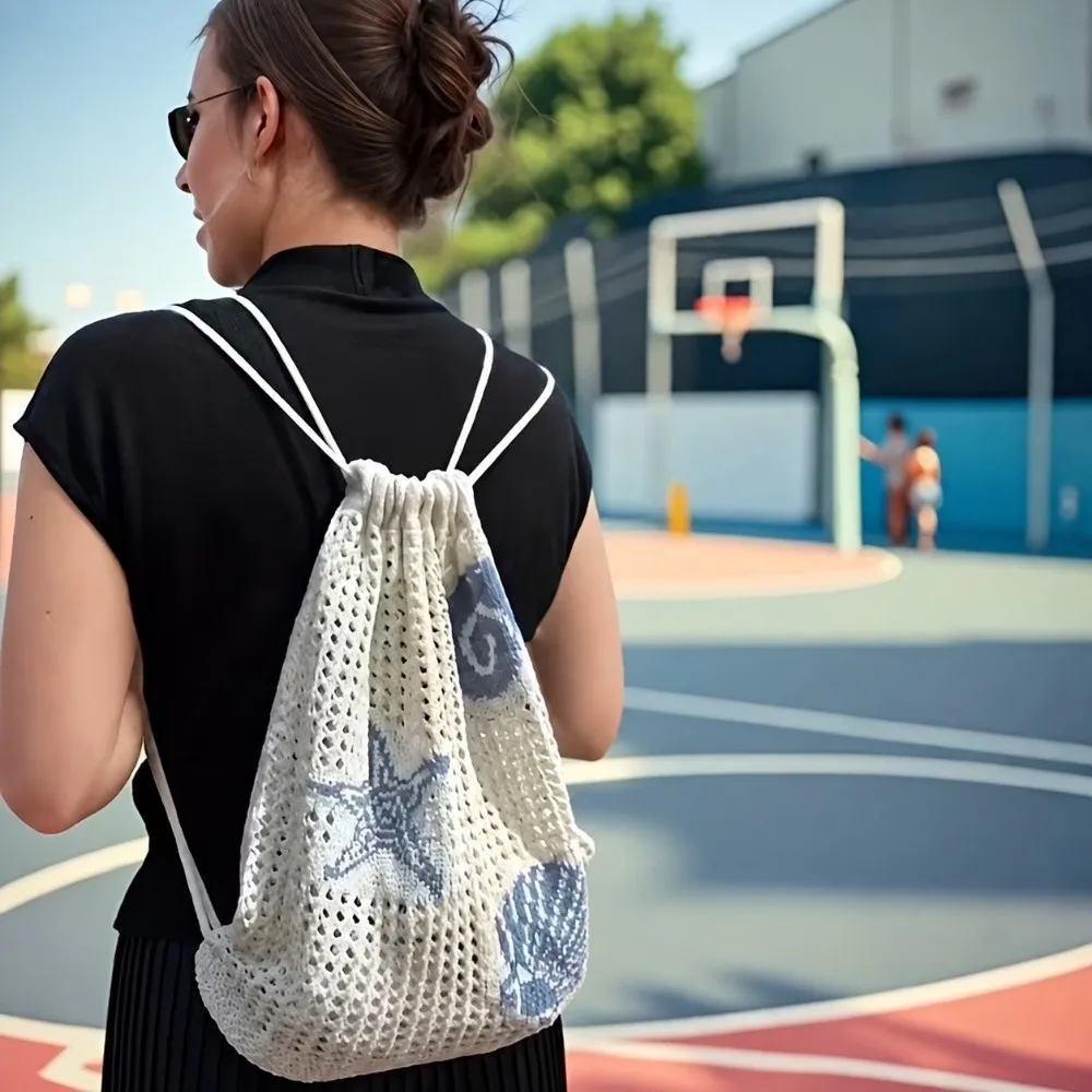 Starfish Embroidery Hollow-Out Backpack Shell Large Capacity Woven Shoulder Bag Crochet Drawstring Backpack for Beach Vacation