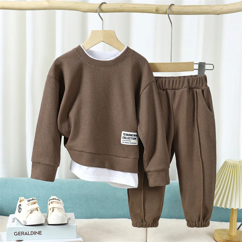 Kids Waffle Casual Sets Boys Autumn Spring Classic Suits Girls Long Sleeves Clothing Children Fashion Top+Pants 2Pcs Outfits