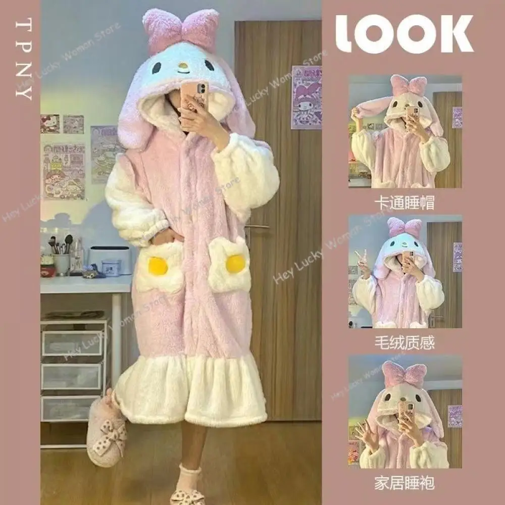 ola-kitty-pijamas-meninas-noite-roupao-conjunto-sanrio-anime-kawaii-kuromi-coral-velo-de-pelucia-homewear-inverno-engrossado-calcas-de-camisola