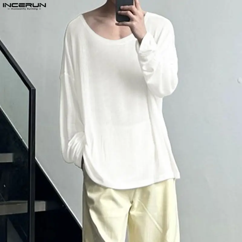 INCERUN Herren T-Shirt O-Ausschnitt Langarm Locker Sitzend Streetwear Einfarbig Herrenbekleidung 2026 Atmungsaktives Transparentes T-Shirt für Männer