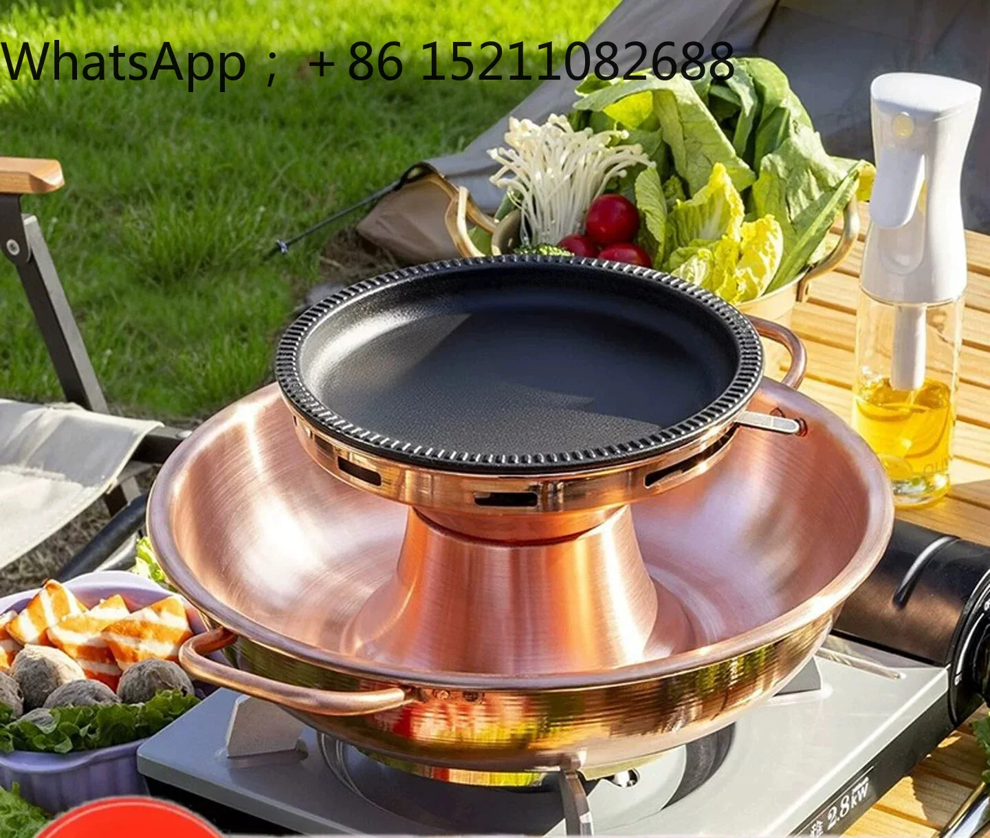LLY outdoor baking and rinsing integrated copper hot pot cassette stove gas frying dual-purpose camping picnic windproof pot