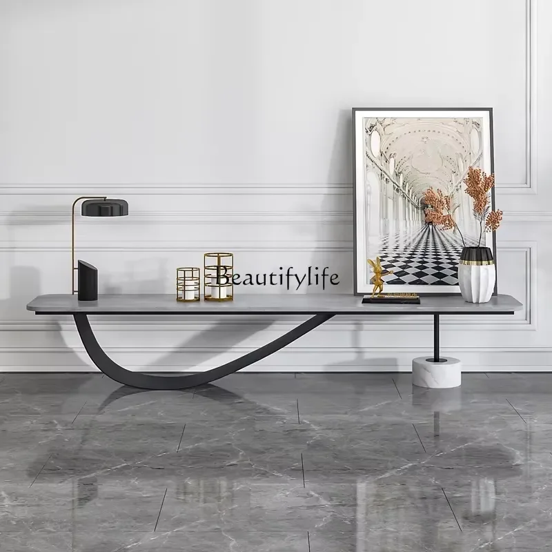 for American Retro Stone Plate Floor TV Stand Extremely Narrow Simple Iron Long Table
