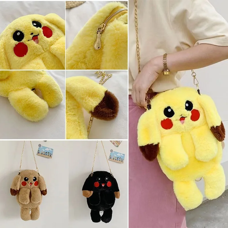 

Pikachu Plush Shoulder Bag Anime Cute Women Travel Portable Makeup Toiletries Storage Bags Cartoon Kids Girls Messenger Bag Gift
