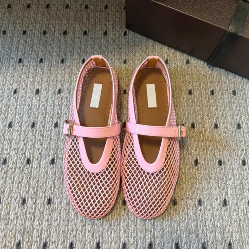 Designer Brand Original Wye Buckle Ballet Shoes With Female Hollow Flat Bottom Pink Fishing Net Mary Jane ShoesE