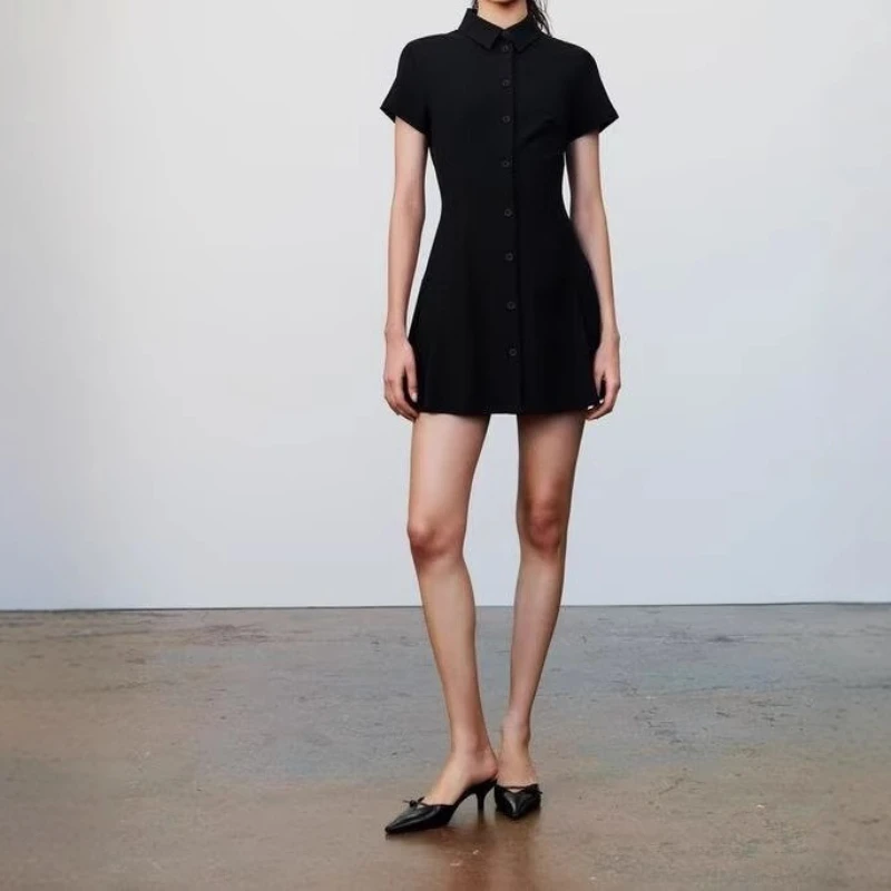 

2025 New Versatile Women's Dress with Slimming Black Shirt Style Dress